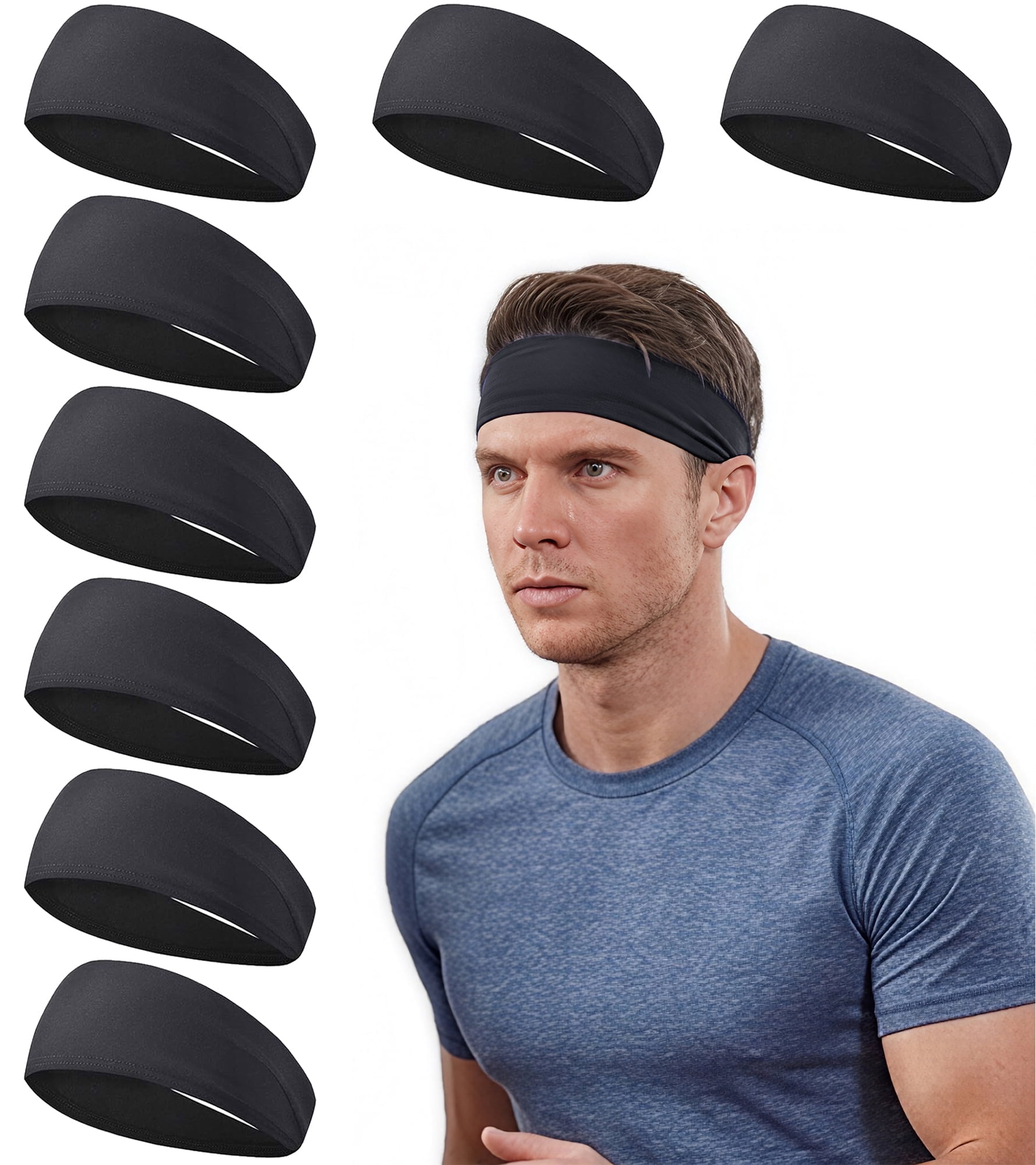 8-Pack-Men-s-Sports-Headband-Moisture-Wicking-Workout-Headband-Workout-Stretchy-Unisex-Hairband_40628809-f006-4c0e-a2d3-a2d00d93f8db.8c84c01021ac759f89ecededdccf2271 8 Pack Men's Sports Headband,Moisture Wicking Workout Headband, Workout Stretchy Unisex Hairband - Image 1